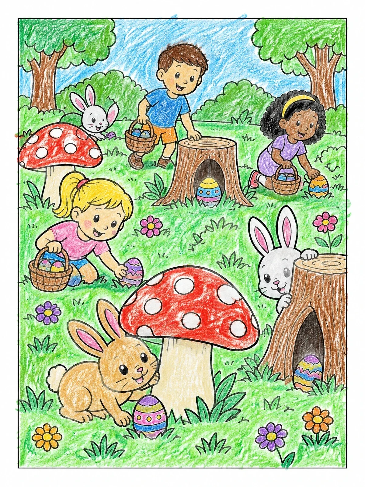 Colored example of the Easter Egg Hunt With Kids And Bunnies coloring page