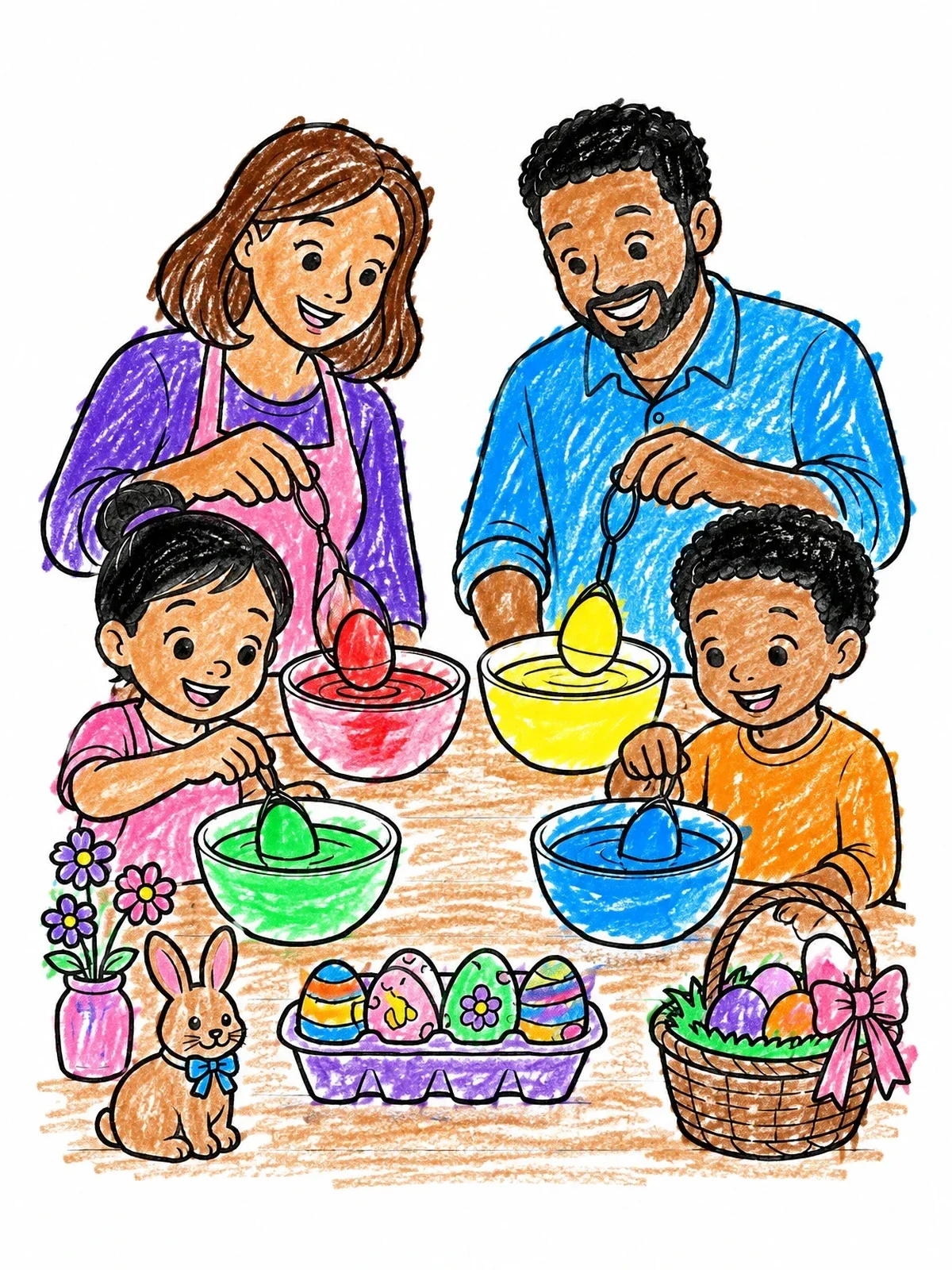 Colored example of the Family Dyeing Easter Eggs Together coloring page