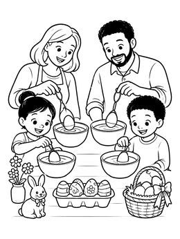 Free printable Family Dyeing Easter Eggs Together coloring page