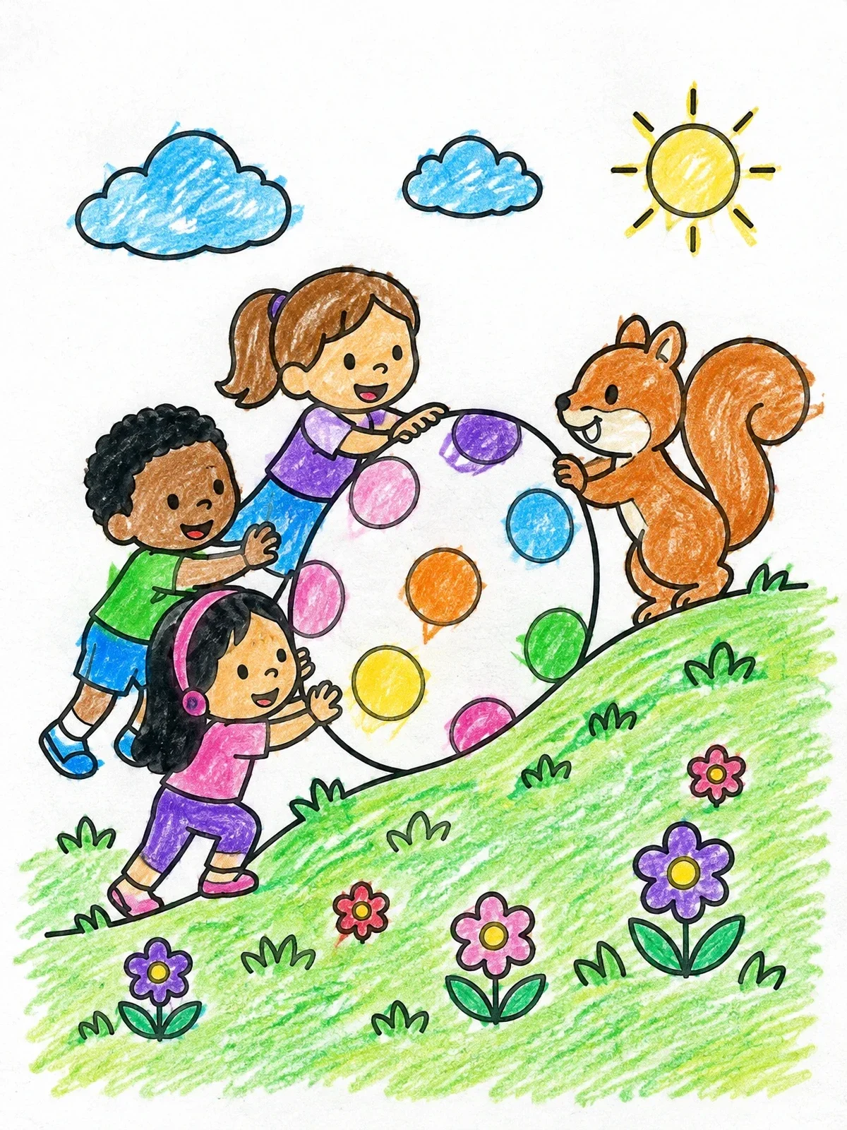 Colored example of the Children And Squirrel Rolling Giant Easter Egg coloring page