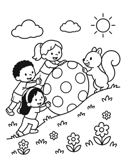 Free printable Children And Squirrel Rolling Giant Easter Egg coloring page