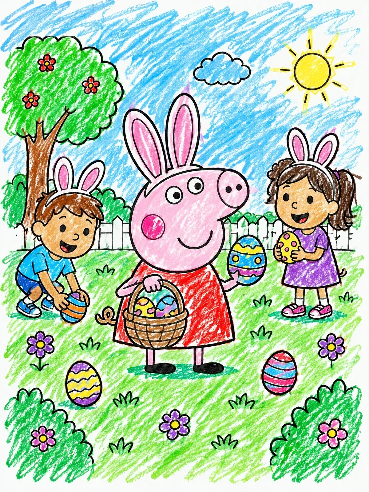 Colored example of the Pig Character Easter Egg Hunt coloring page
