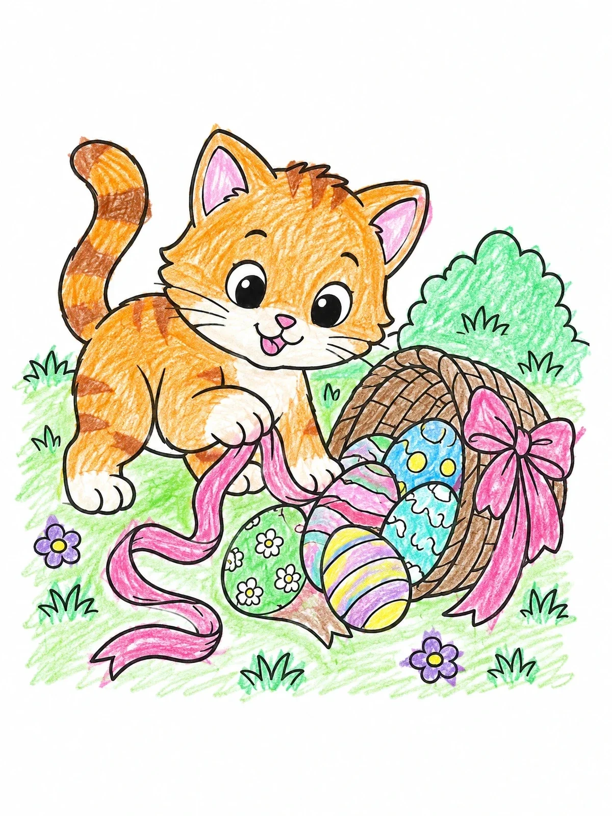 Colored example of the Playful Kitten With Easter Basket coloring page