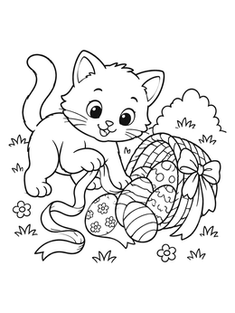 Free printable Playful Kitten With Easter Basket coloring page