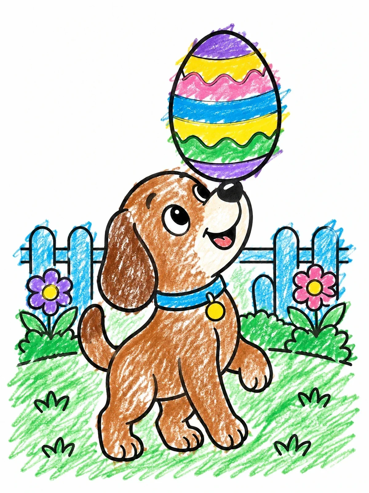 Colored example of the Puppy Balancing An Easter Egg coloring page