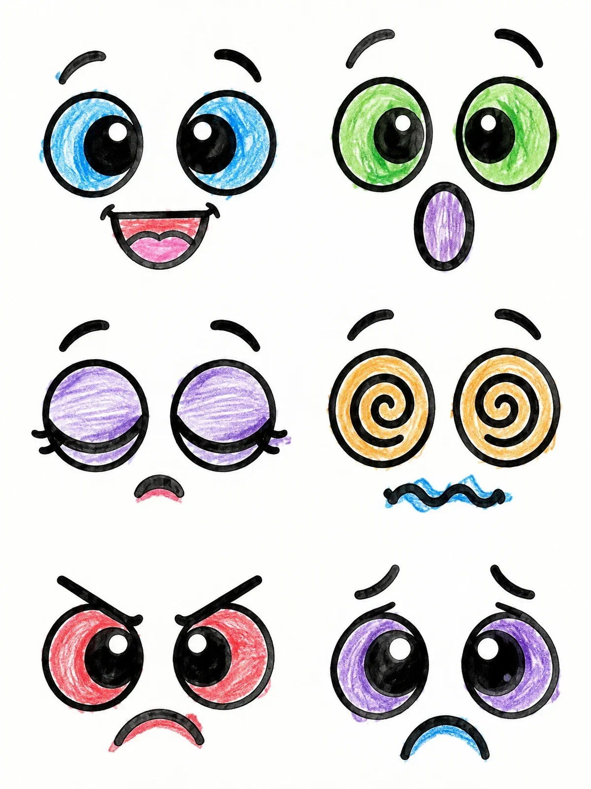 Colored example of the Cartoon Facial Expressions And Eyes Set coloring page