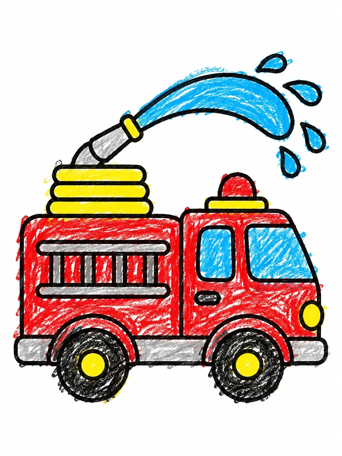 Colored example of the Cartoon Fire Truck Spraying Water coloring page