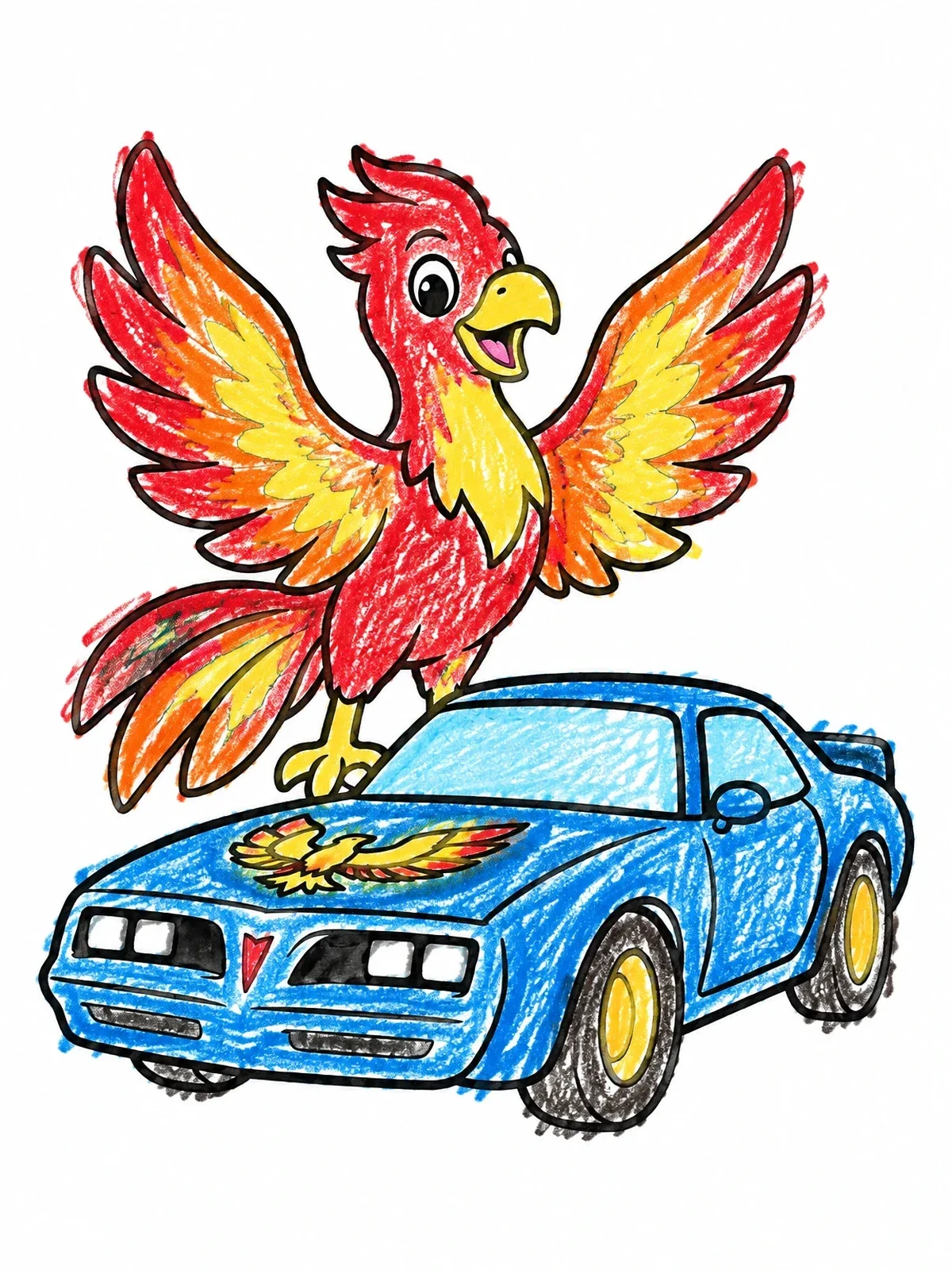 Colored example of the Cartoon Firebird With Muscle Car coloring page