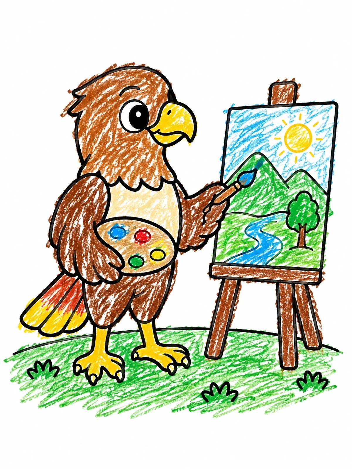 Colored example of the Cartoon Hawk Painting On Easel coloring page