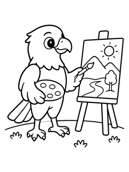 A hawk coloring page showing a friendly bird painting a landscape on an easel.