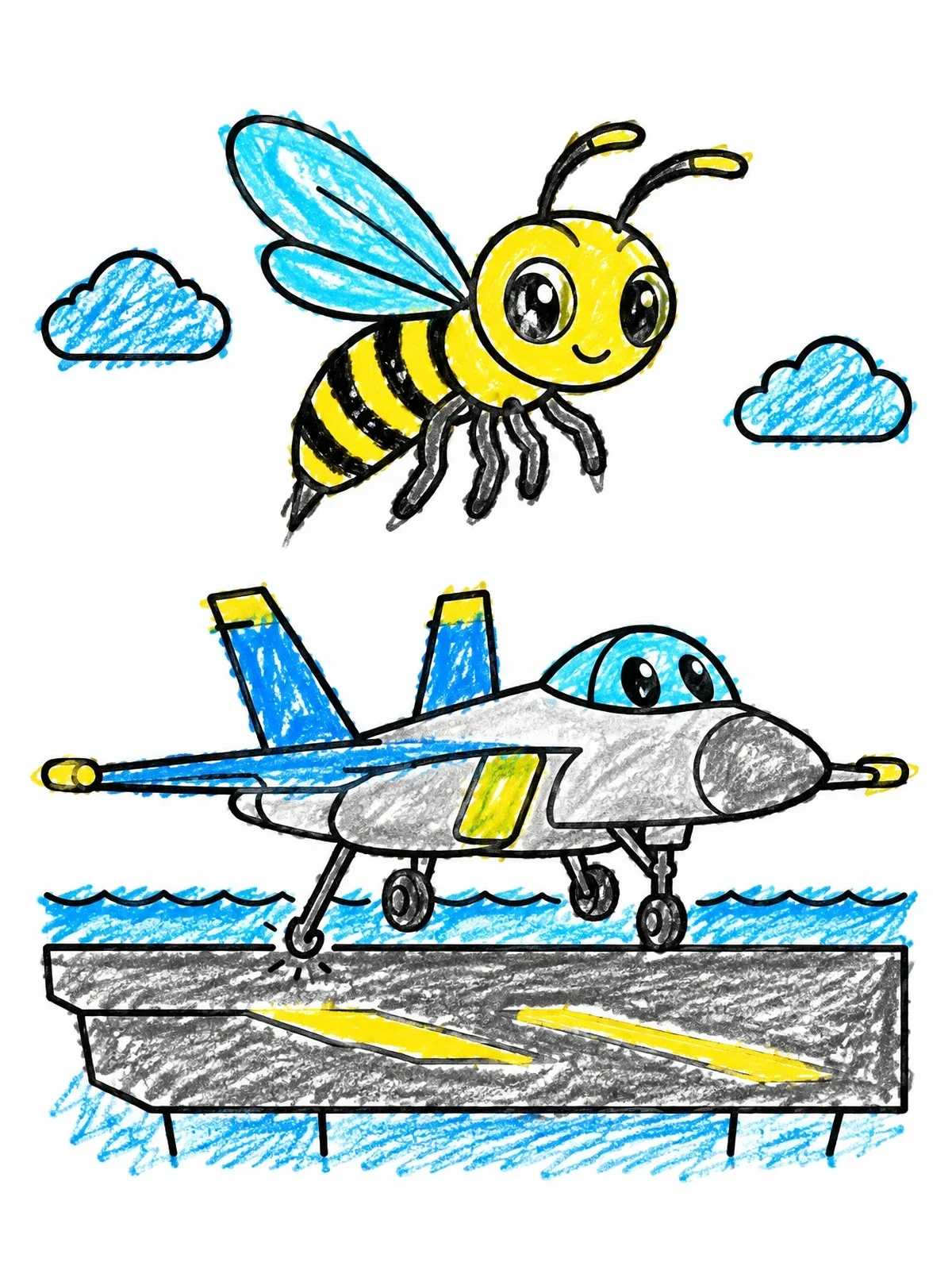 Colored example of the Cartoon Hornet Jet And Flying Bee coloring page