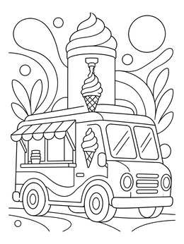 An ice cream truck coloring page featuring a giant rooftop dispenser against abstract shapes.