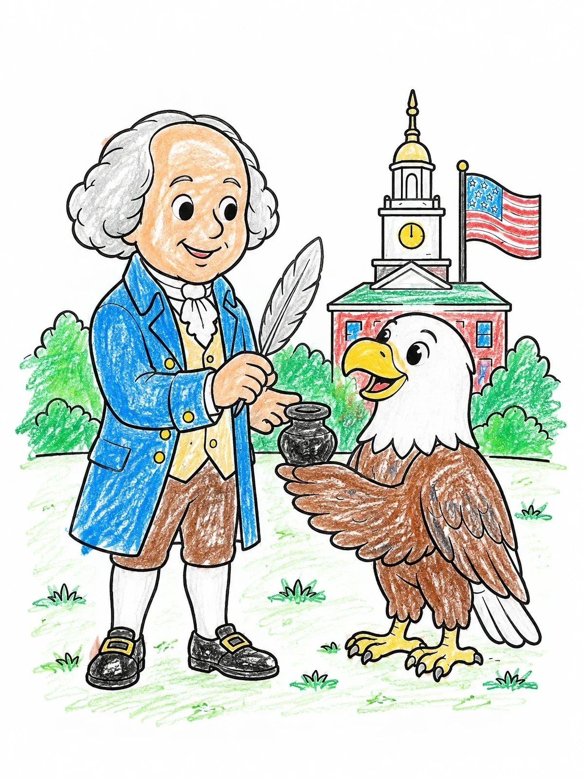 Colored example of the John Adams And Bald Eagle With Quill coloring page