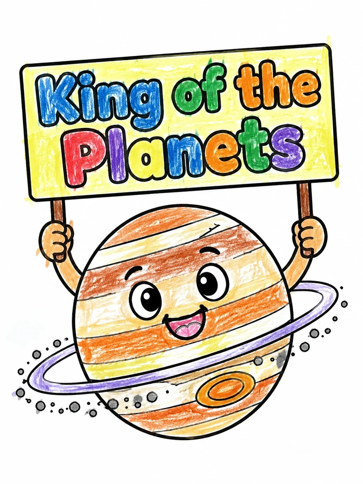 Colored example of the Cartoon Jupiter Holding King Of The Planets Sign coloring page