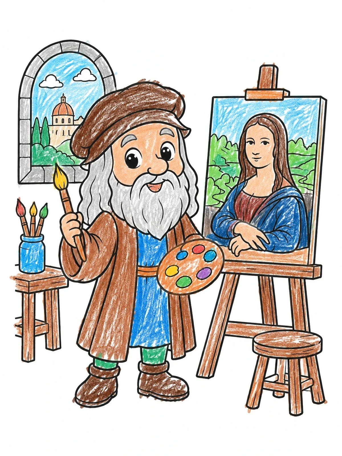 Colored example of the Cartoon Leonardo Da Vinci With Mona Lisa coloring page