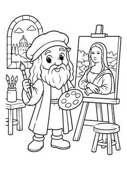 Free printable Cartoon Leonardo Da Vinci With Mona Lisa coloring page