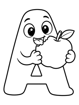 A cartoon letter A coloring page showing the character eating a big apple.