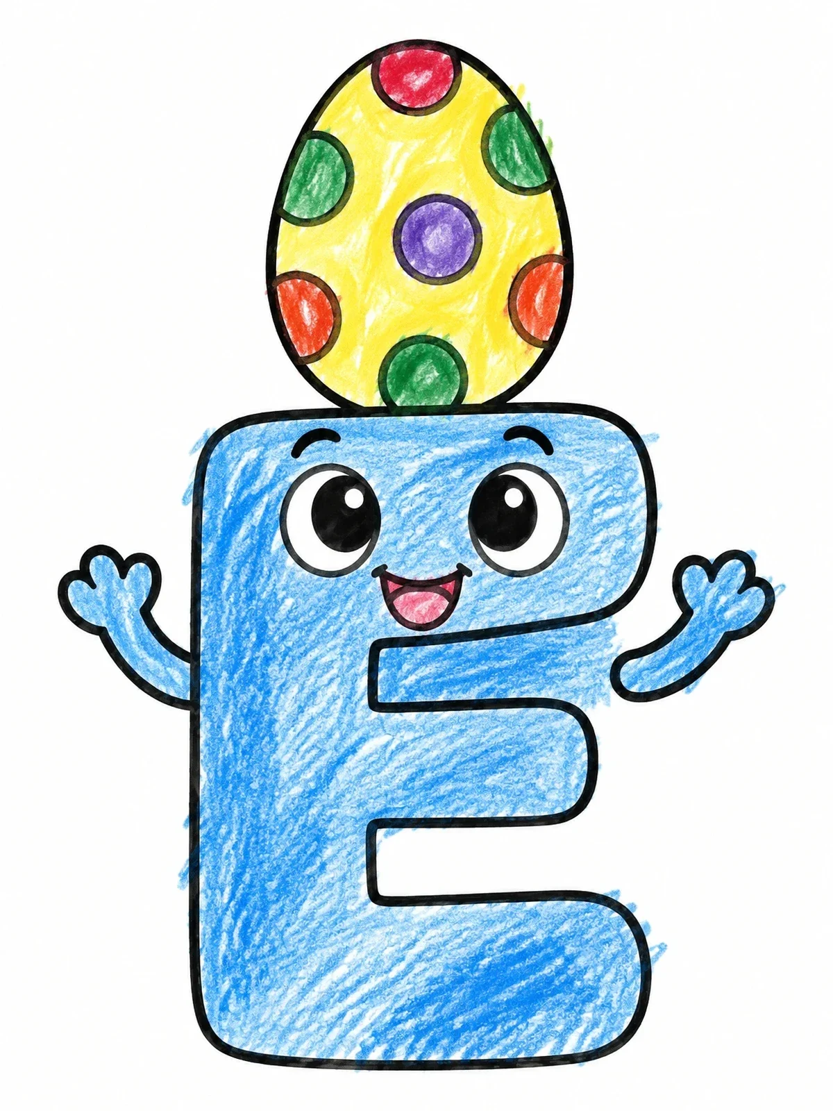 Colored example of the Cartoon Letter E Balancing An Egg coloring page