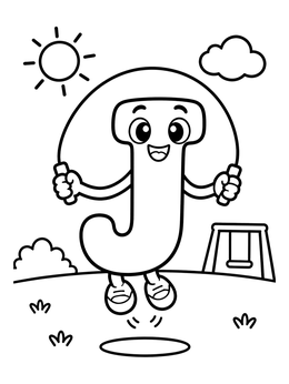 A cheerful cartoon on this letter j coloring page jumping rope at a park.