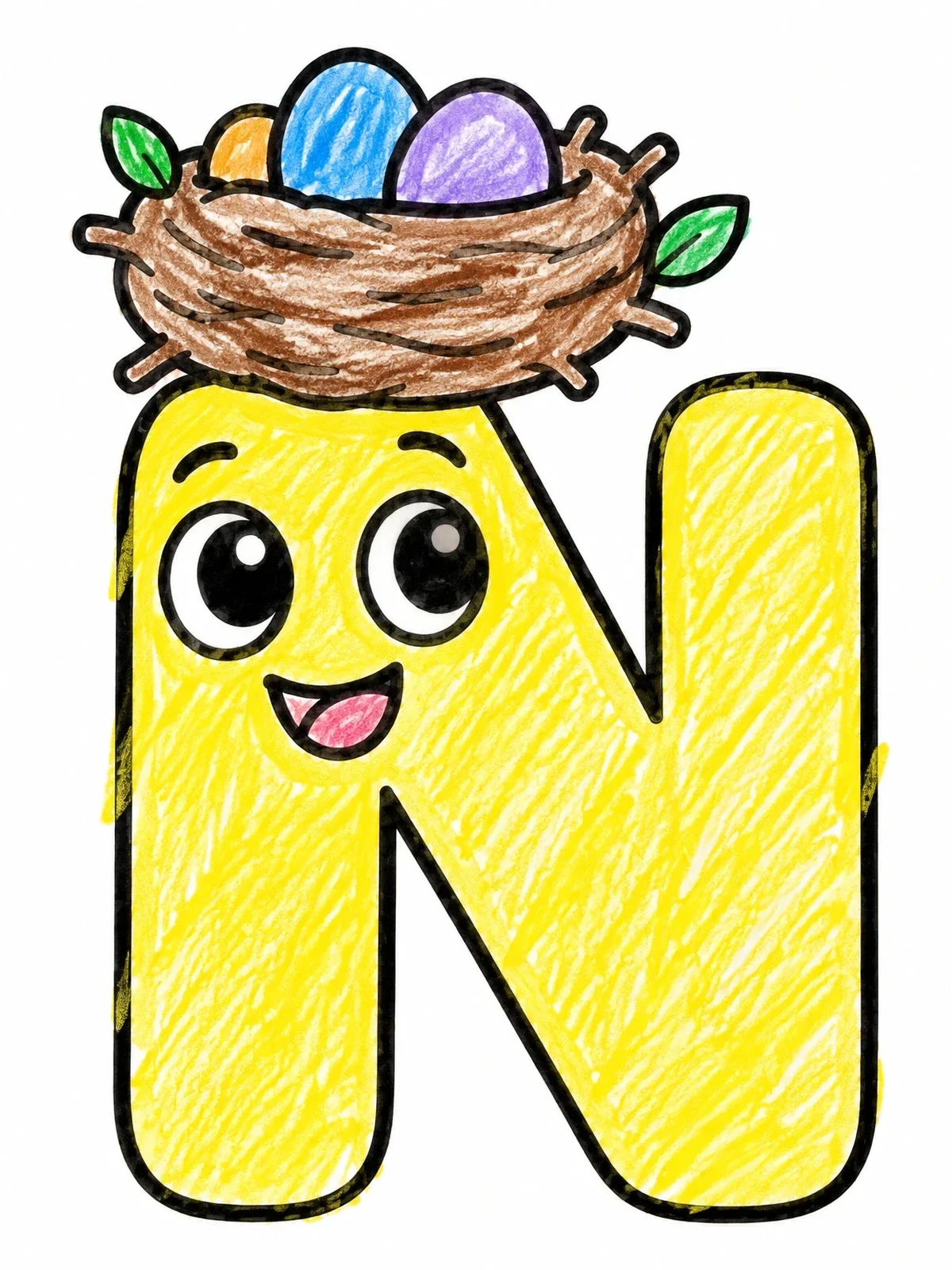 Colored example of the Cartoon Letter N Wearing Bird Nest Hat coloring page