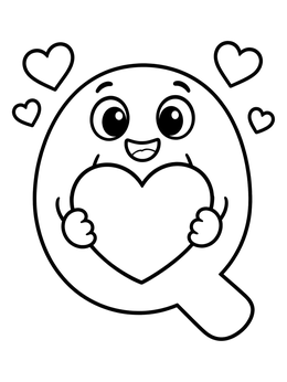 A cheerful cartoon letter Q coloring page holding a big heart surrounded by floating hearts.