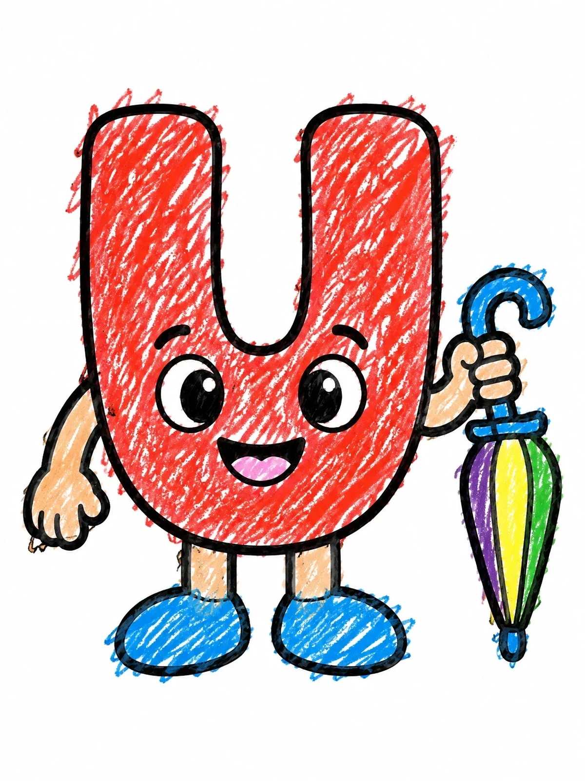 Colored example of the Cartoon Letter U With Umbrella coloring page