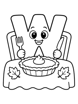 A cheerful letter W coloring page with a Thanksgiving pie and cutlery.