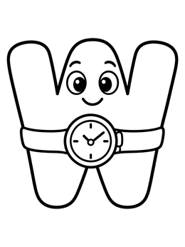 Free printable Cartoon Letter W Wearing Watch coloring page