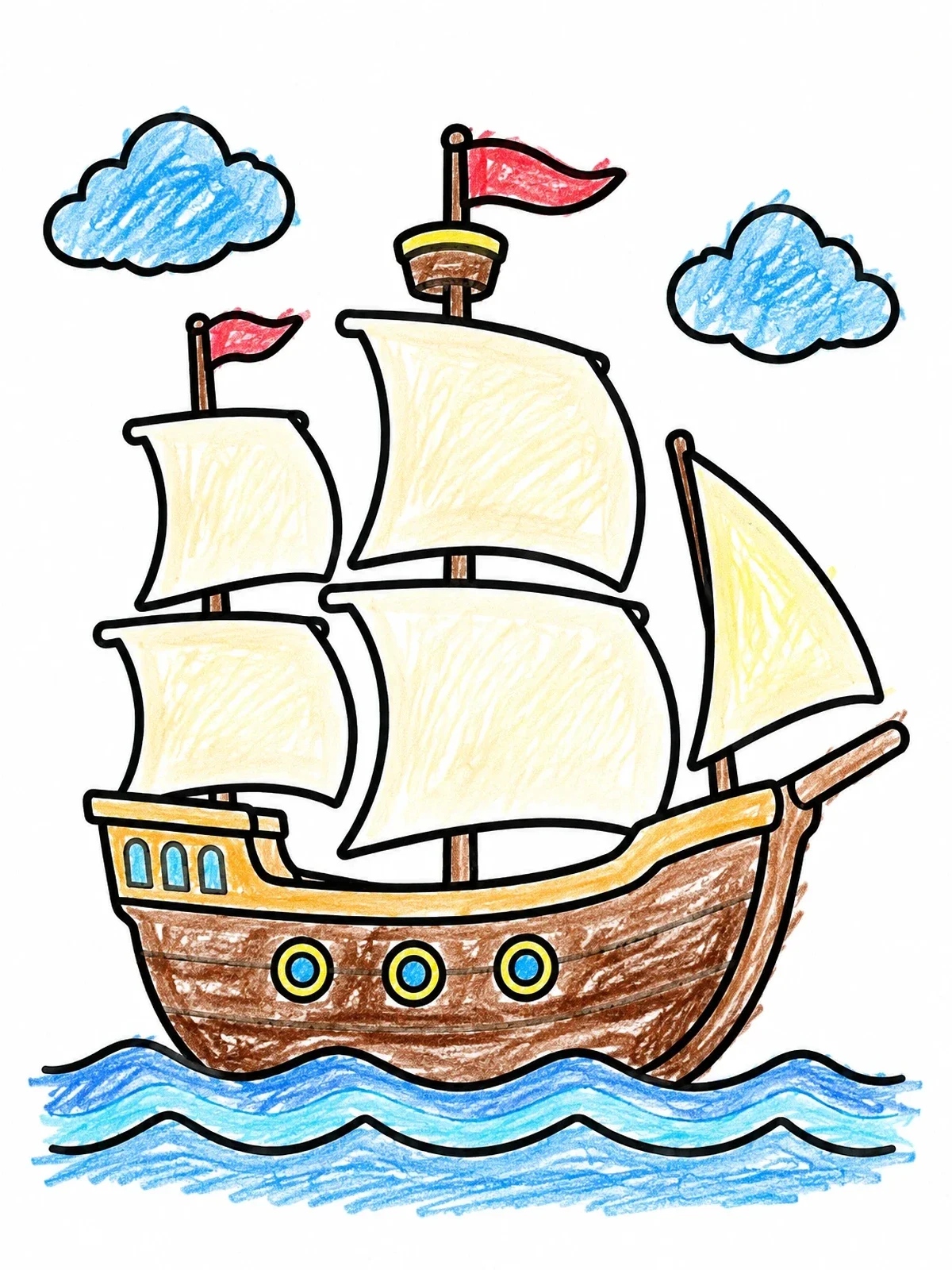 Colored example of the Cartoon Mayflower Sailing On Gentle Waves coloring page