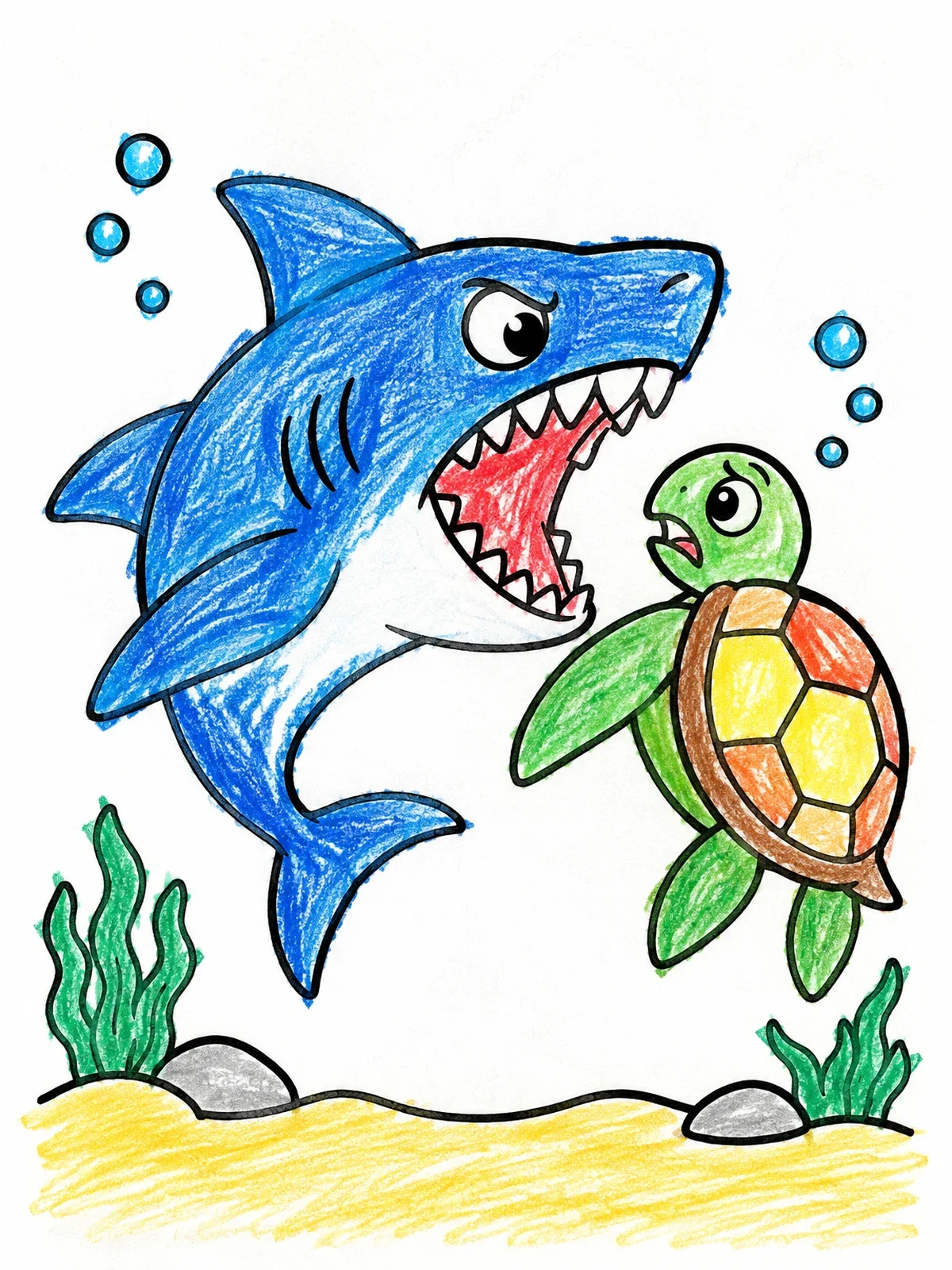 Colored example of the Cartoon Megalodon And Sea Turtle Underwater coloring page