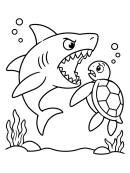 Free printable Cartoon Megalodon And Sea Turtle Underwater coloring page