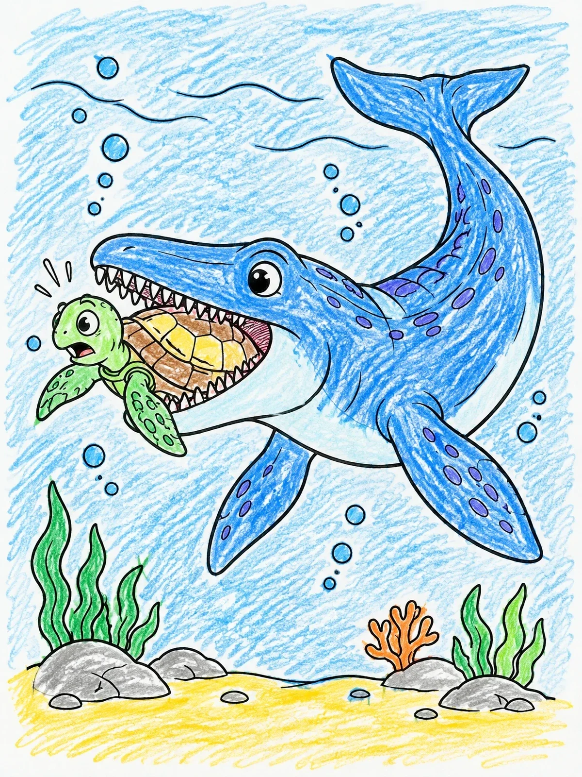 Colored example of the Cartoon Mosasaurus And Startled Turtle coloring page