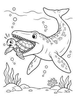 Free printable Cartoon Mosasaurus And Startled Turtle coloring page