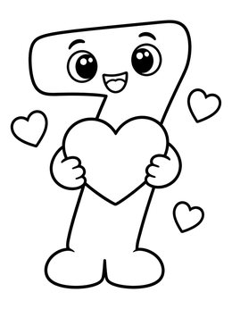 Free printable Cute Cartoon Number Seven With Heart coloring page