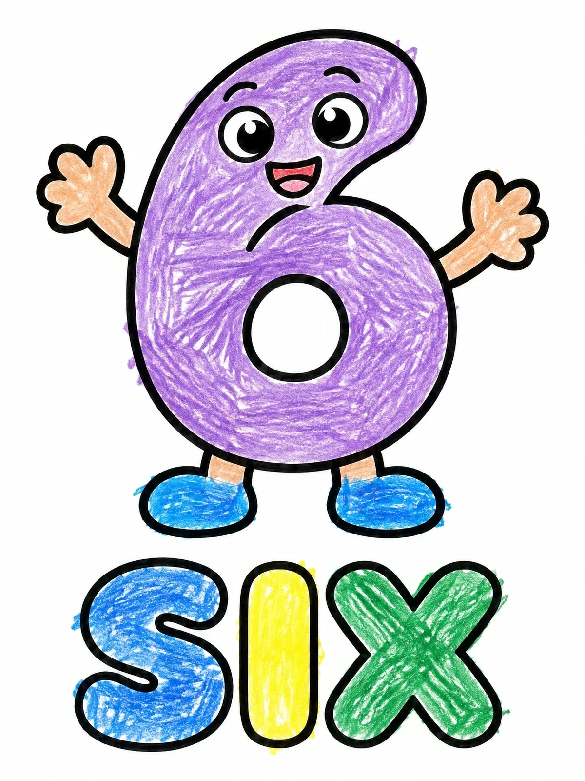 Colored example of the Cartoon Number Six With Word Six coloring page