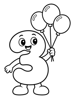 Free printable Cartoon Number Three With Balloons coloring page