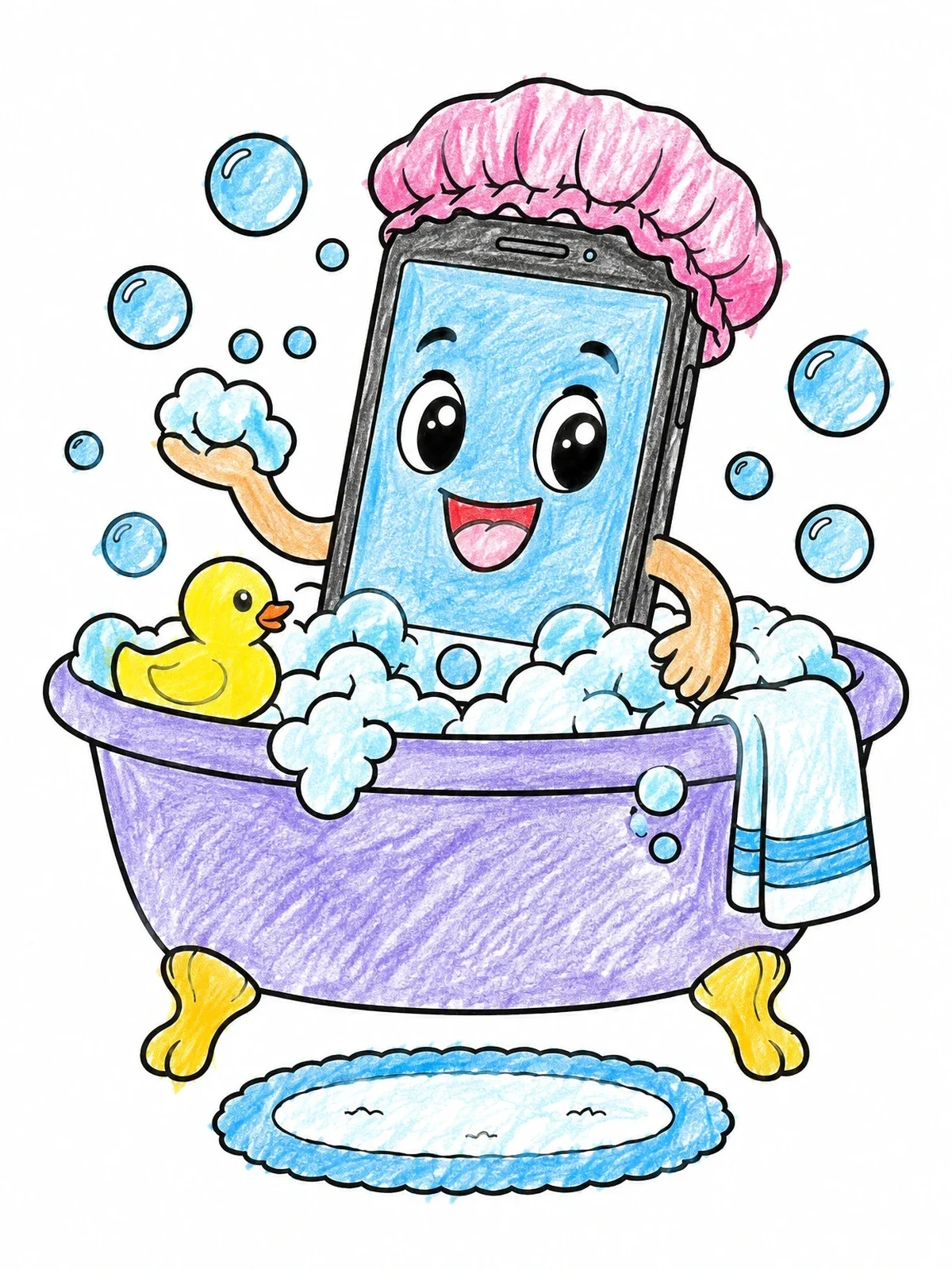 Colored example of the Cartoon Phone Taking A Bubble Bath coloring page