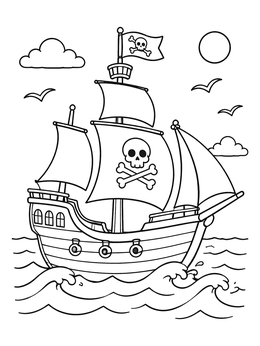 Free printable Cartoon Pirate Ship On Waves coloring page