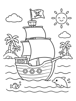 Free printable Cartoon Pirate Ship Sailing Ocean coloring page