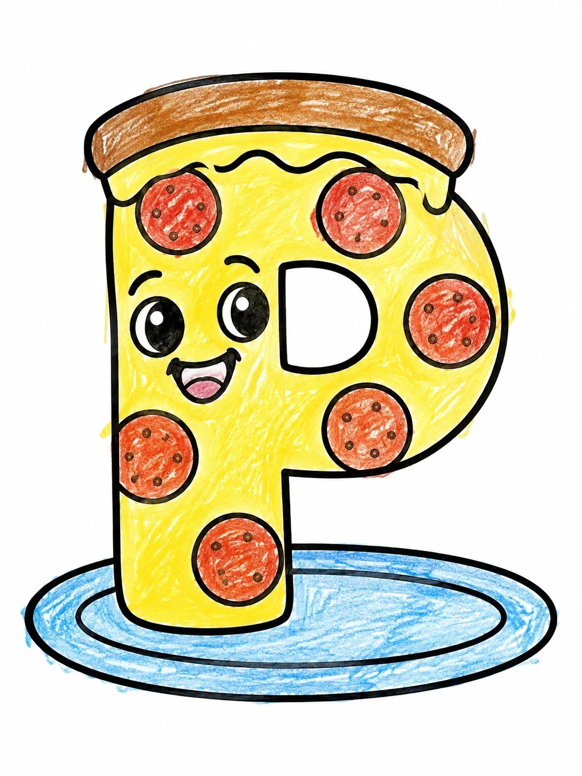 Colored example of the Cartoon Pizza Letter P On A Plate coloring page