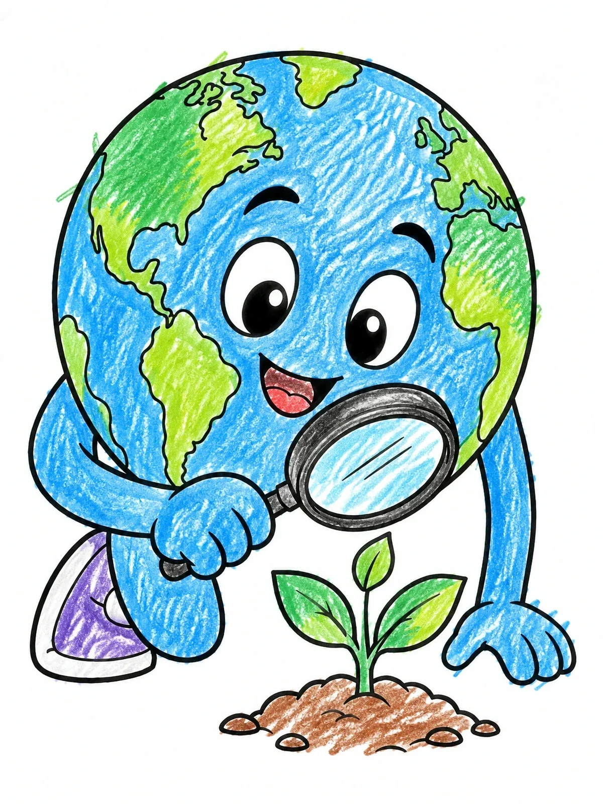 Colored example of the Cartoon Planet Earth Examining A Sprout coloring page