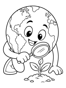 A friendly cartoon globe inspects a young seedling in this earth science coloring page.