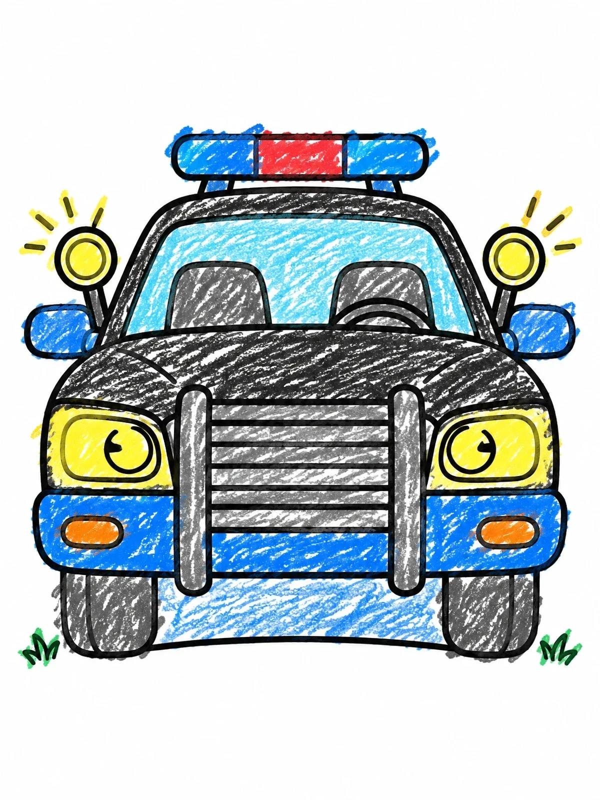 Colored example of the Cartoon Police Car Front View coloring page