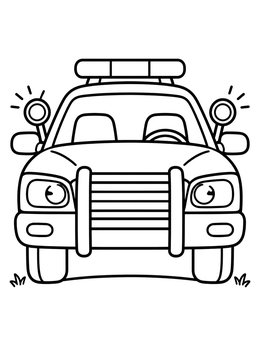 Front view of a cartoon police car on this police coloring page with bold lines.