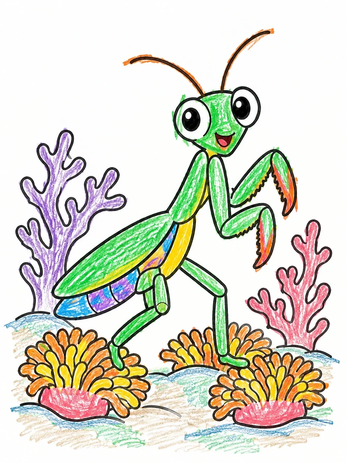 Colored example of the Happy Praying Mantis By Corals coloring page