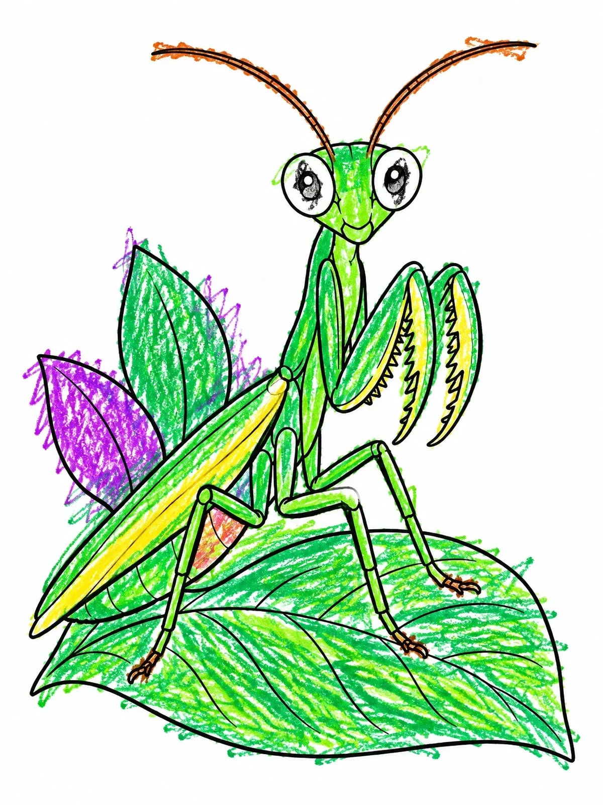 Colored example of the Cartoon Praying Mantis On Leaf coloring page