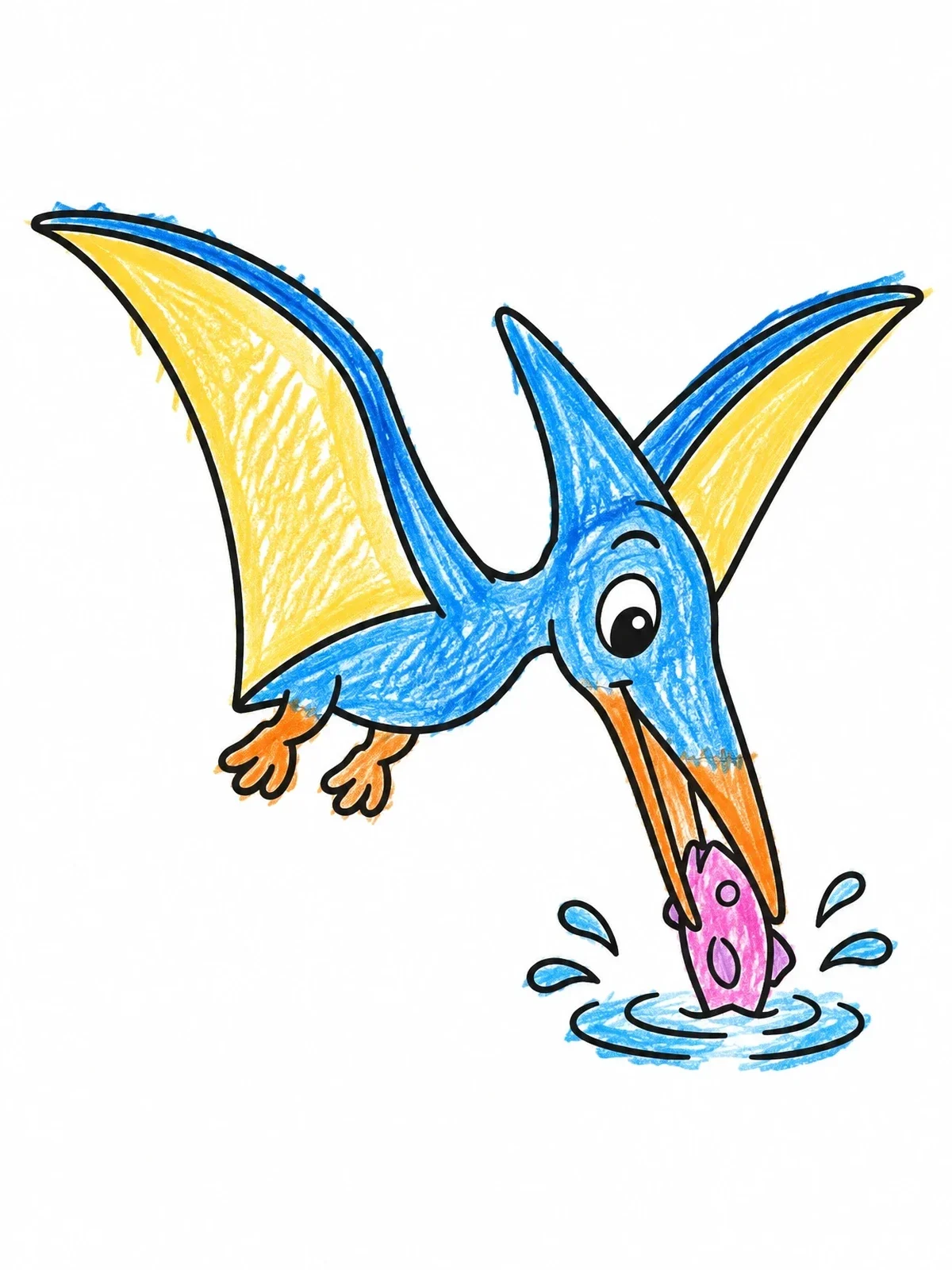 Colored example of the Cartoon Pteranodon Catching A Fish coloring page