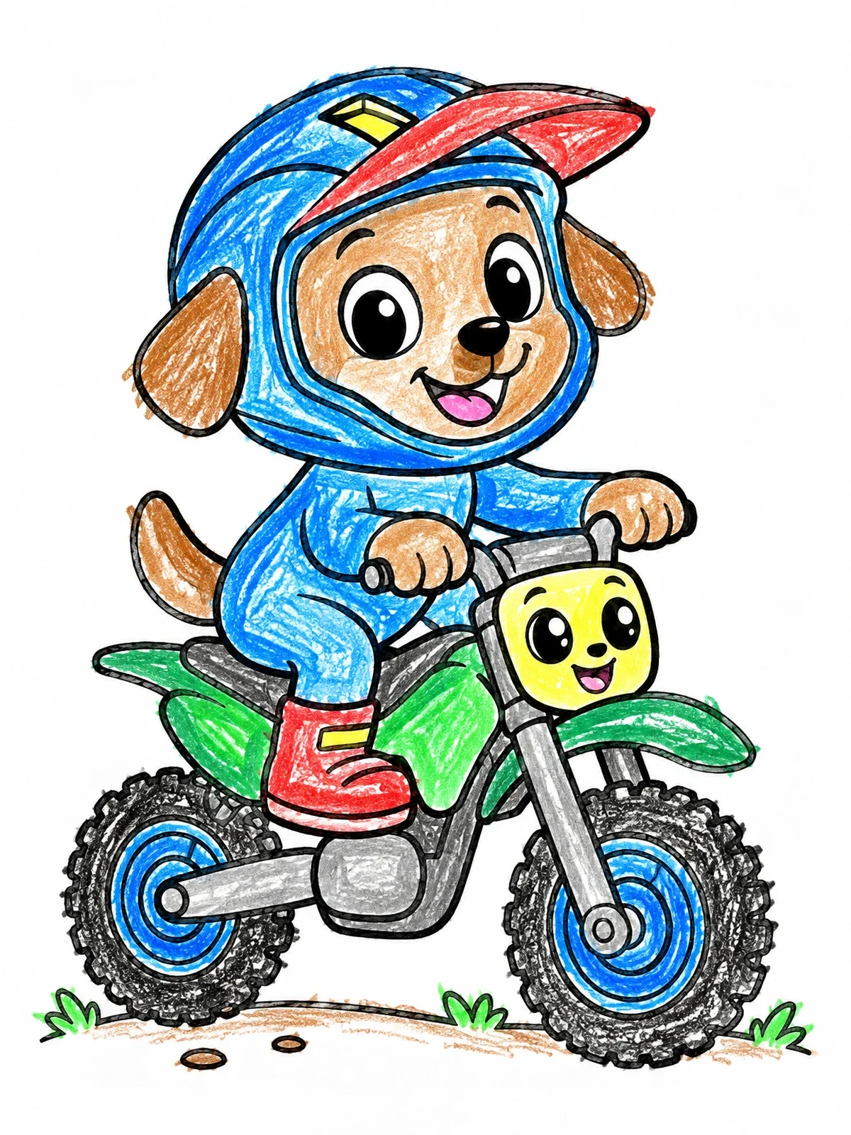 Colored example of the Cartoon Puppy On A Dirt Bike coloring page