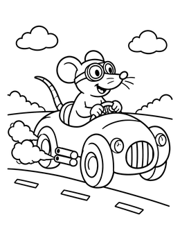 A cheerful rat coloring page showing a cartoon mouse driving an open race car down the road.