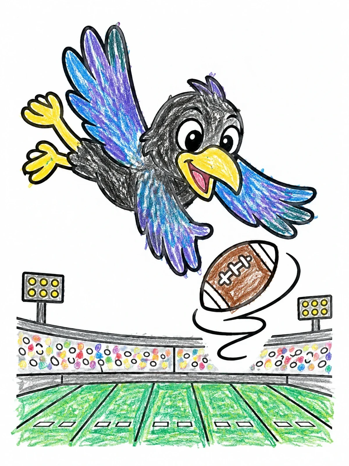 Colored example of the Cartoon Raven Catching A Football coloring page